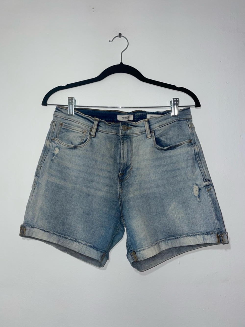 Kensie Light Blue Distressed Roll-Cuff Denim Shorts